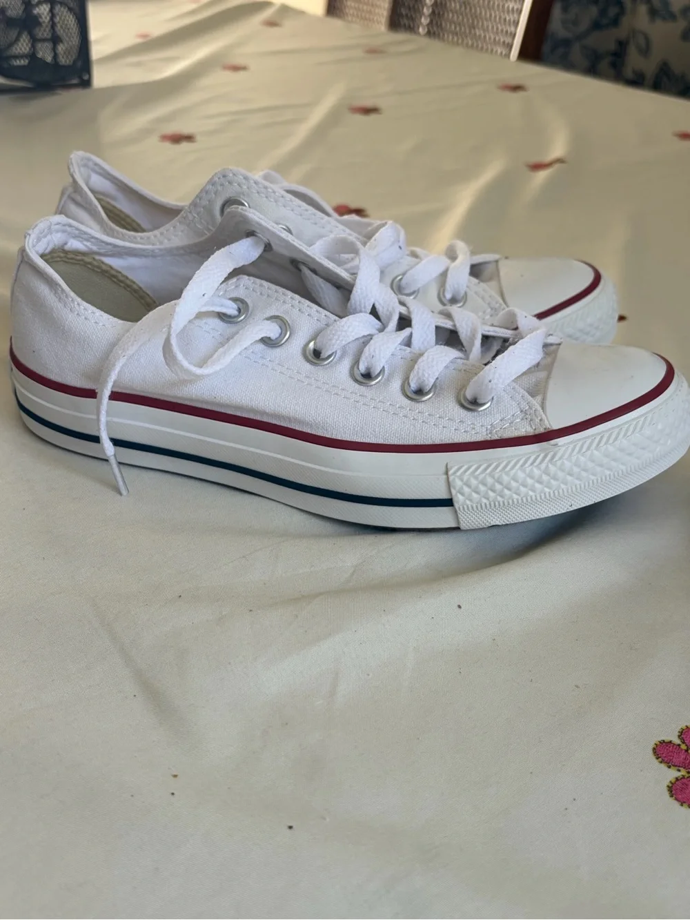 Converse Kids White Canvas Low Top Sneakers with Red Trim